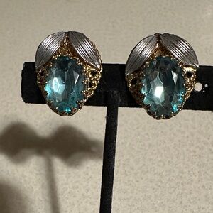 Vintage W.Germany Elegant Gold and Silver tone Earrings with Blue Gemstone (586)